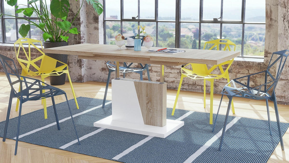 COUCHTISCH rechteckig Sonoma Eiche - Weiß ausziehbar höhenverstellbar - Weiß/Sonoma Eiche, Holzwerkstoff (70/120/60cm) - designimpex