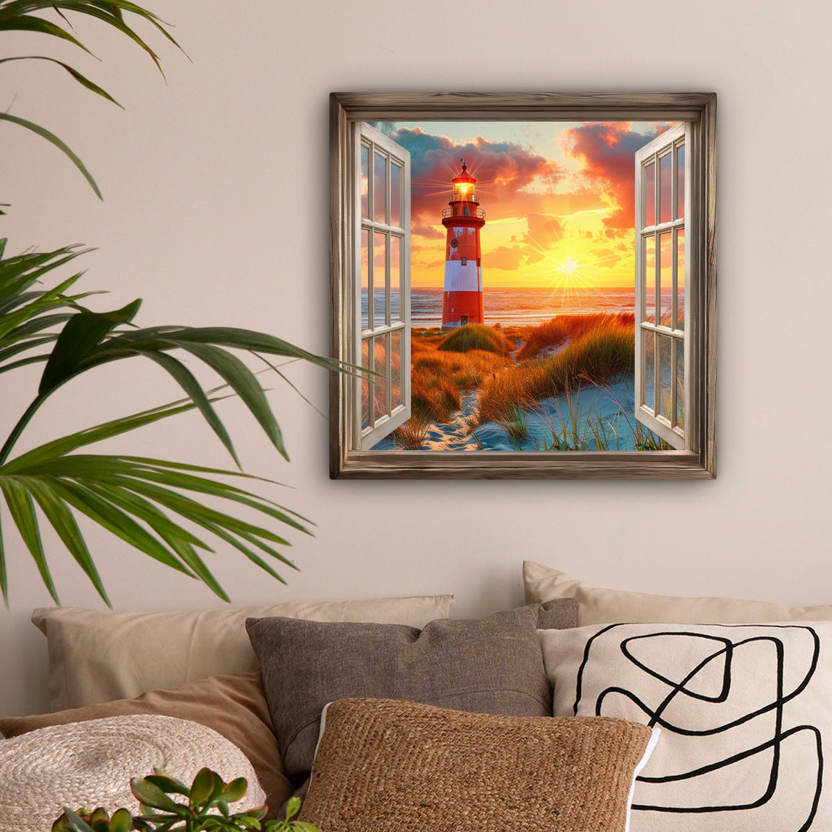 LEINWANDBILD Aussicht - Fenster - Leuchtturm - Sonnenuntergang - Strand 50x50 cm - Dunkelorange, Textil (50/50cm) - MuchoWow
