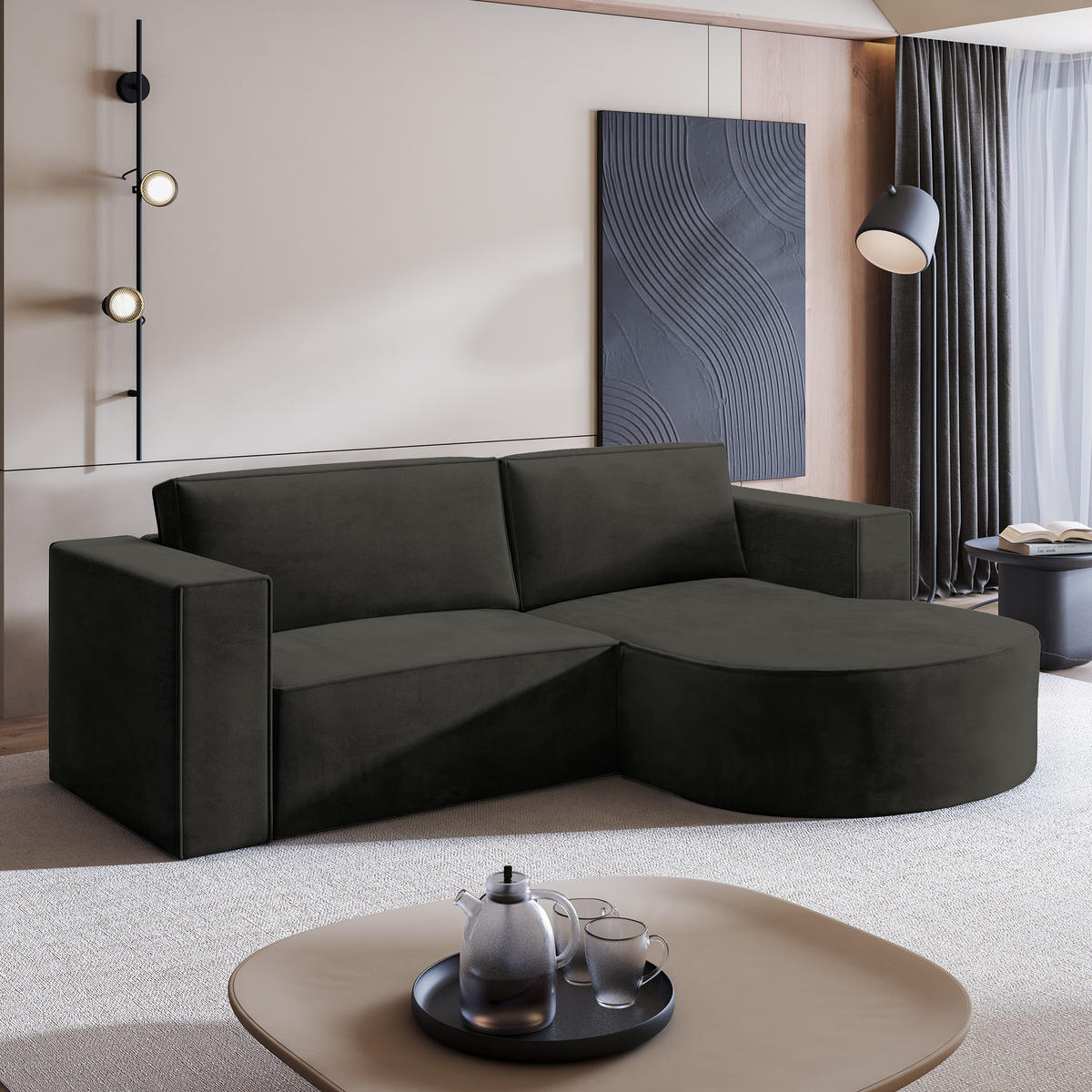 ECKSOFA SORELA M R-S Schwarz Velours-Stoff mit Schlaffunktion - Schwarz, Holz (263/174cm) - MASSENO