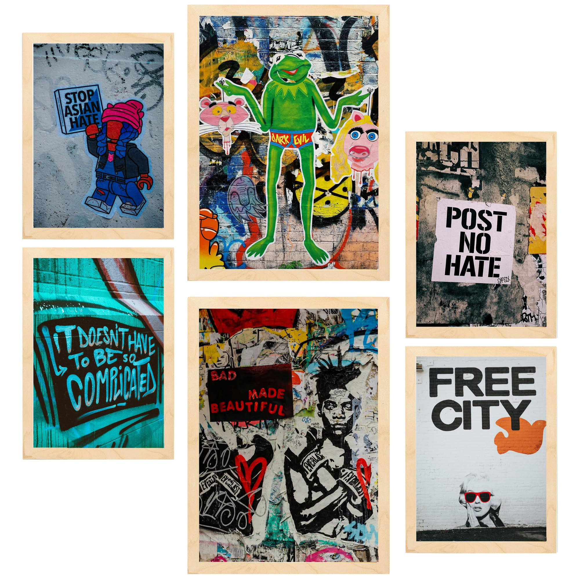 POSTER Set Mit 6 Graffiti Straßenkunst Wandschablonenanspruch A3 & A4 Rahmen Aus Hellem Holz - Beige, Papier (29/3cm) - Nacnic