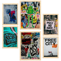 POSTER Set Mit 6 Graffiti Straßenkunst Wandschablonenanspruch A3 & A4 Rahmen Aus Hellem Holz - Beige, Papier (29/3cm) - Nacnic