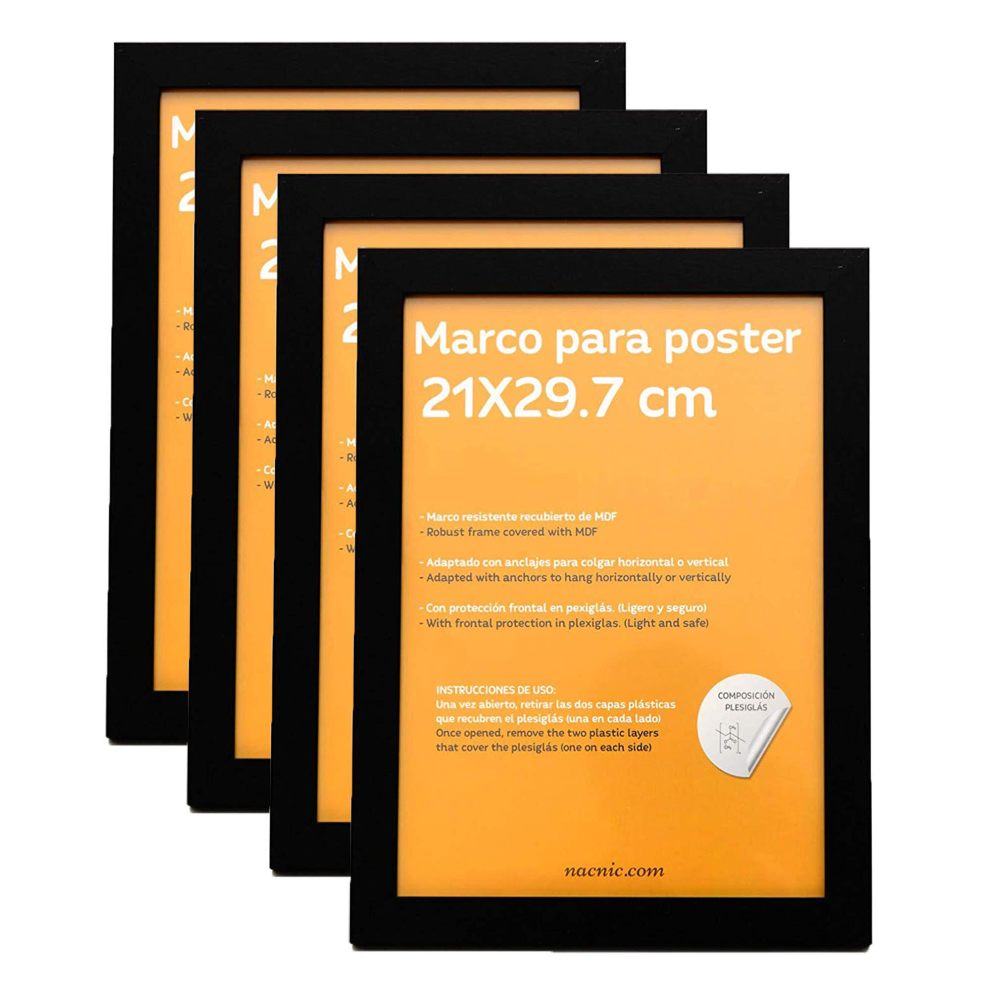 RAHMEN Set mit 4 aus MDF und Acrylglas Schutz und Aussteller für Fotografien, Bilder, Poster, Gemälde, Dekoration für Haus Farbe Schwarz A4 - Schwarz, Holz (21/3/29.7cm) - Nacnic