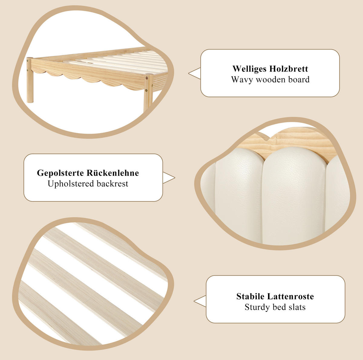KINDERBETT 90/200 cm aus Holz mit gepolstertem PU-Kopfteil Beige/Natur - Beige, Holz (90/200cm) - Modenvie