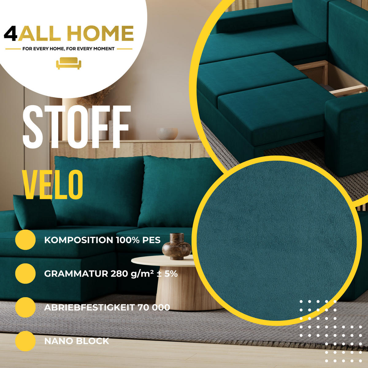 ECKSOFA Paco mit Bettkasten und Schlaffunktion, L-Form/XL-Form, Velourstoff, Universal - Türkis, Holzwerkstoff (246/145cm) - 4ALL HOME