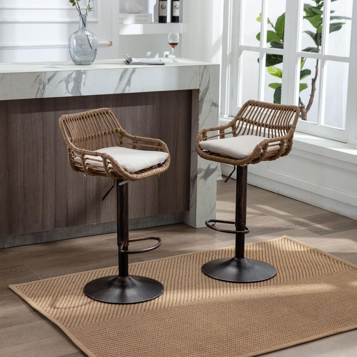 BARHOCKER 2er Set Höhenverstellbar, 360° drehbar, Fußstütze, Rattan - Weiß, Metall (49/109/48cm) - PARAFTA HOME