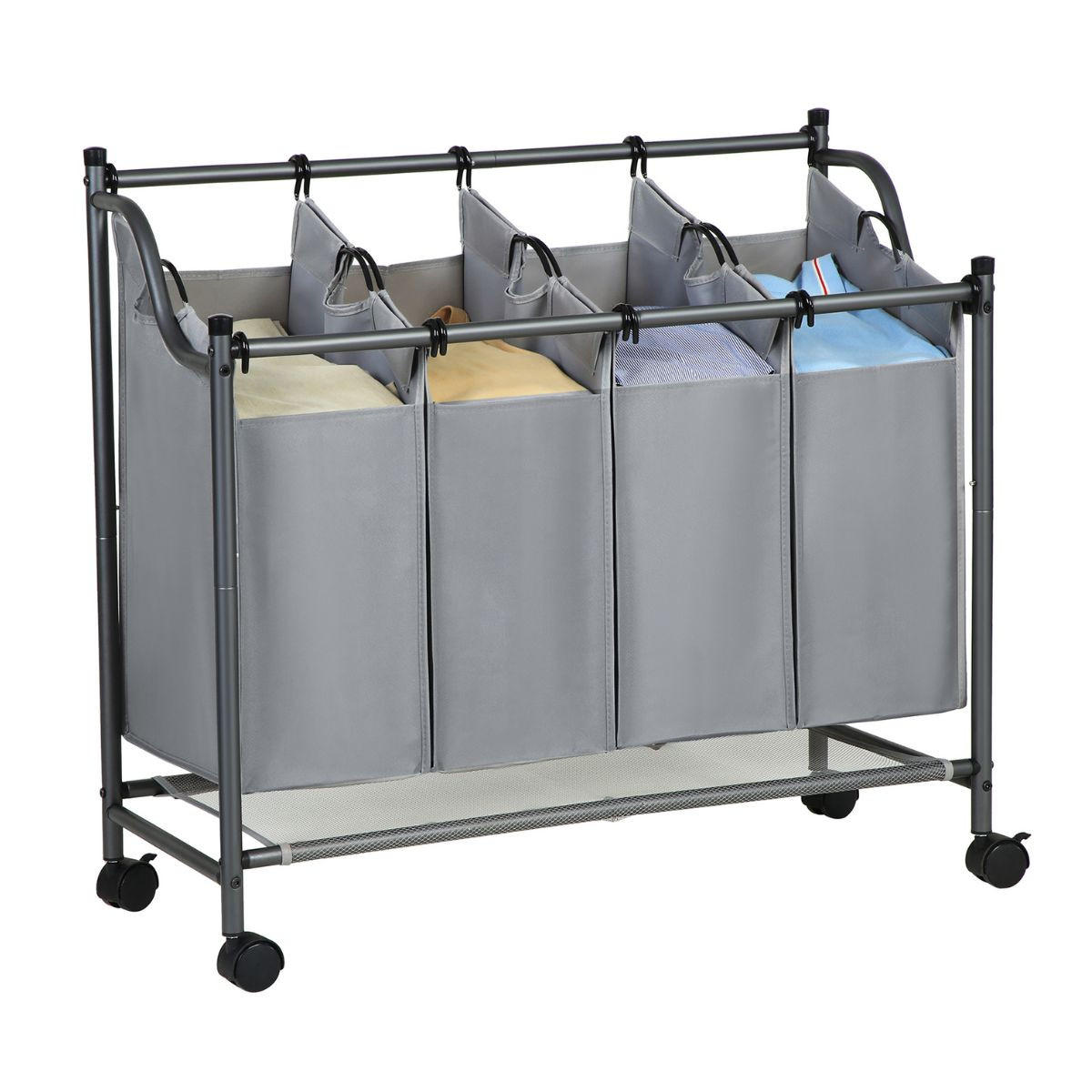 WÄSCHESAMMLER mit 4 abnehmbaren Taschen Grau auf Rollen - L87,5 cm - Grau, Metall (81/38.5/87.5cm) - Calicosy