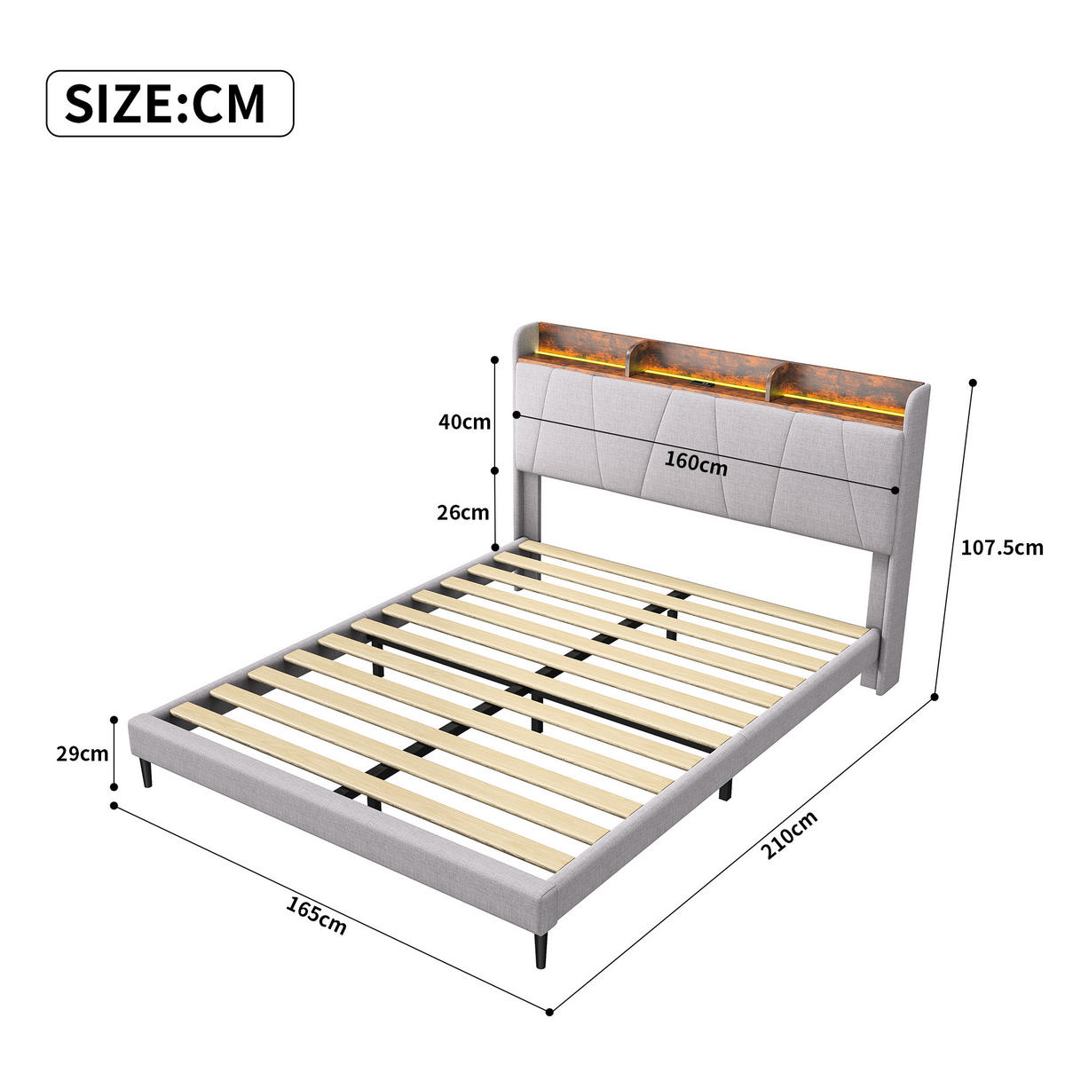 POLSTERBETT 160x200 cm, Beige, LED-Beleuchtung, USB/TPCY-C - Beige, Textil/Metall (160/200cm)