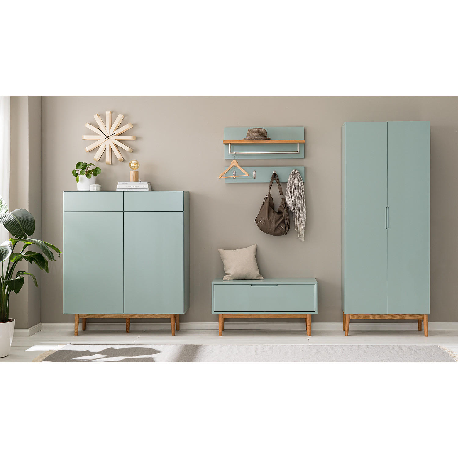 SCHUHKOMMODE mit 2 Schubladen - Eichefarben/Mintgrün, Holzwerkstoff (110/132/38cm) - home24