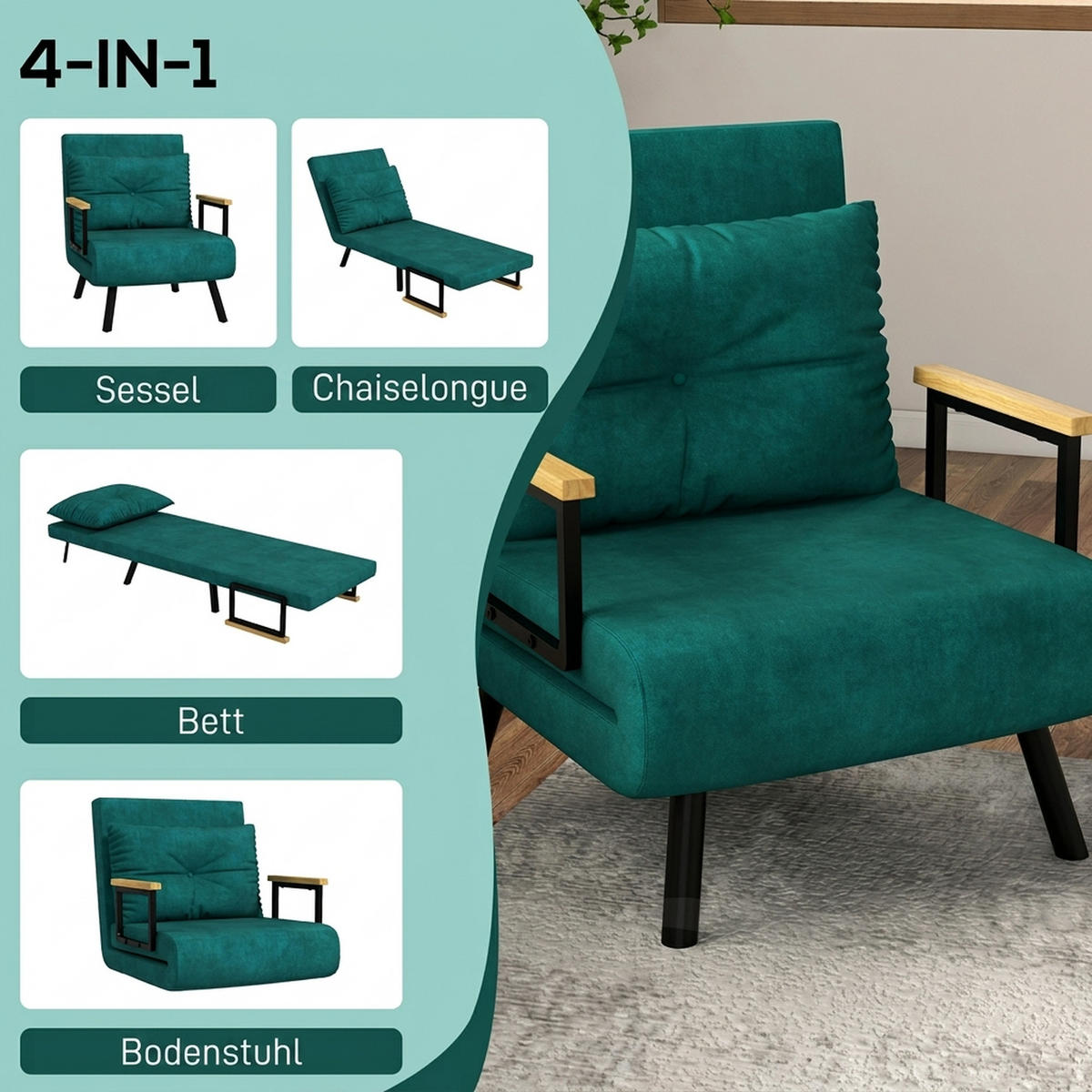 SCHLAFSESSEL, Einzelsofa mit Bettfunktion, Relaxsessel mit Rückenkissen Grün - Schwarz/Naturfarben, Holz/Textil (73/81/63cm) - HOMCOM