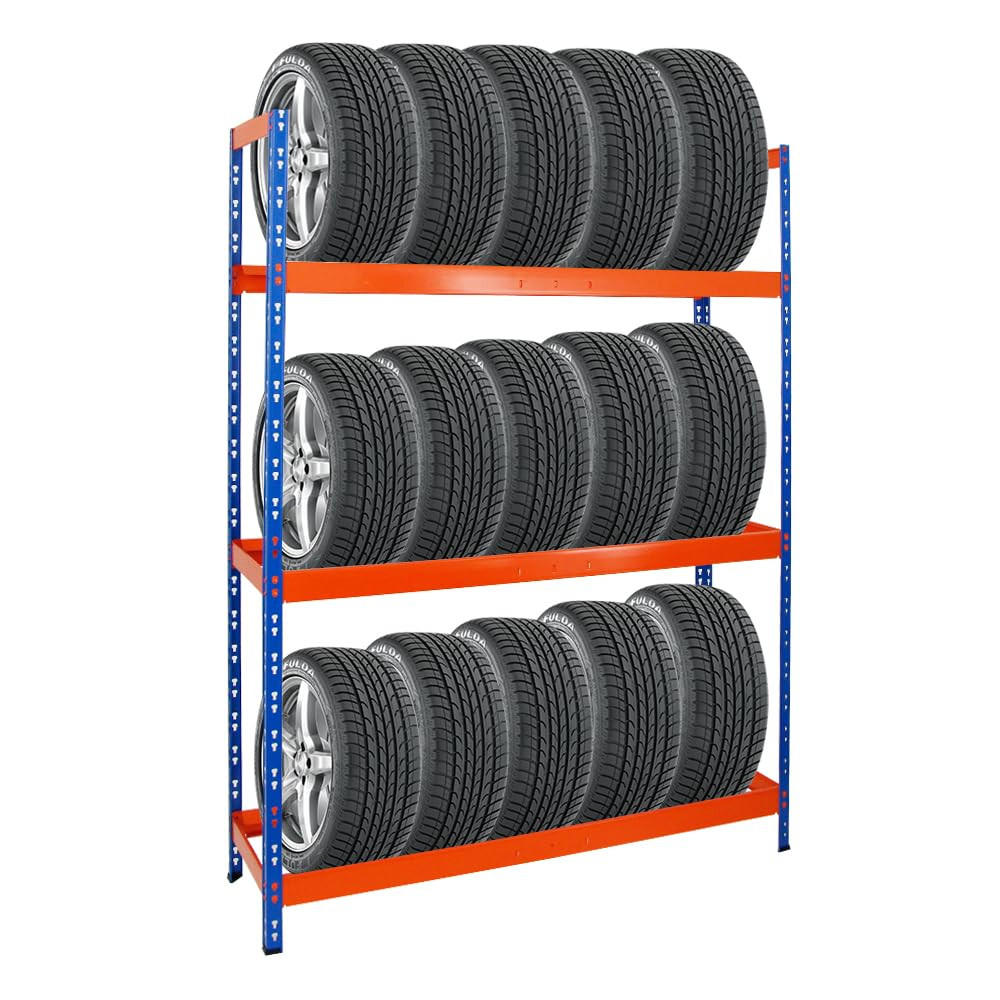 REIFENREGAL Tiger XL 200x150x45 cm 300 kg Fachlast bis zu 18 Reifen auf 3 Ebenen Blau/Orange - Blau/Orange, Metall (150/200/45cm) - PROREGAL