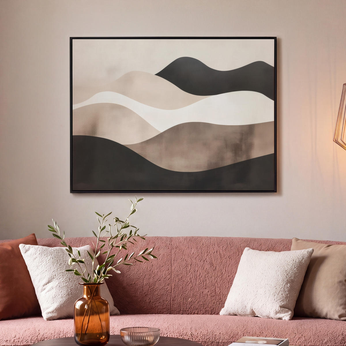 LEINWAND Bilder mit Rahmen - Abstrakt - Landschaft - Wellen - Cremefarben - 100x70 - Cappuccino, Textil (100/70cm) - MuchoWow