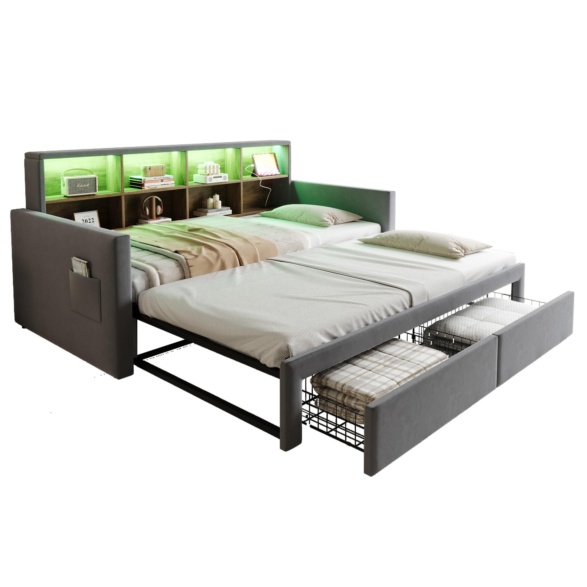 POLSTERBETT 90/190 cm Dunkelgrau aus Samt mit LED-Beleuchtung und Stauraum - Dunkelgrau, Textil (90/190cm) - OKWISH