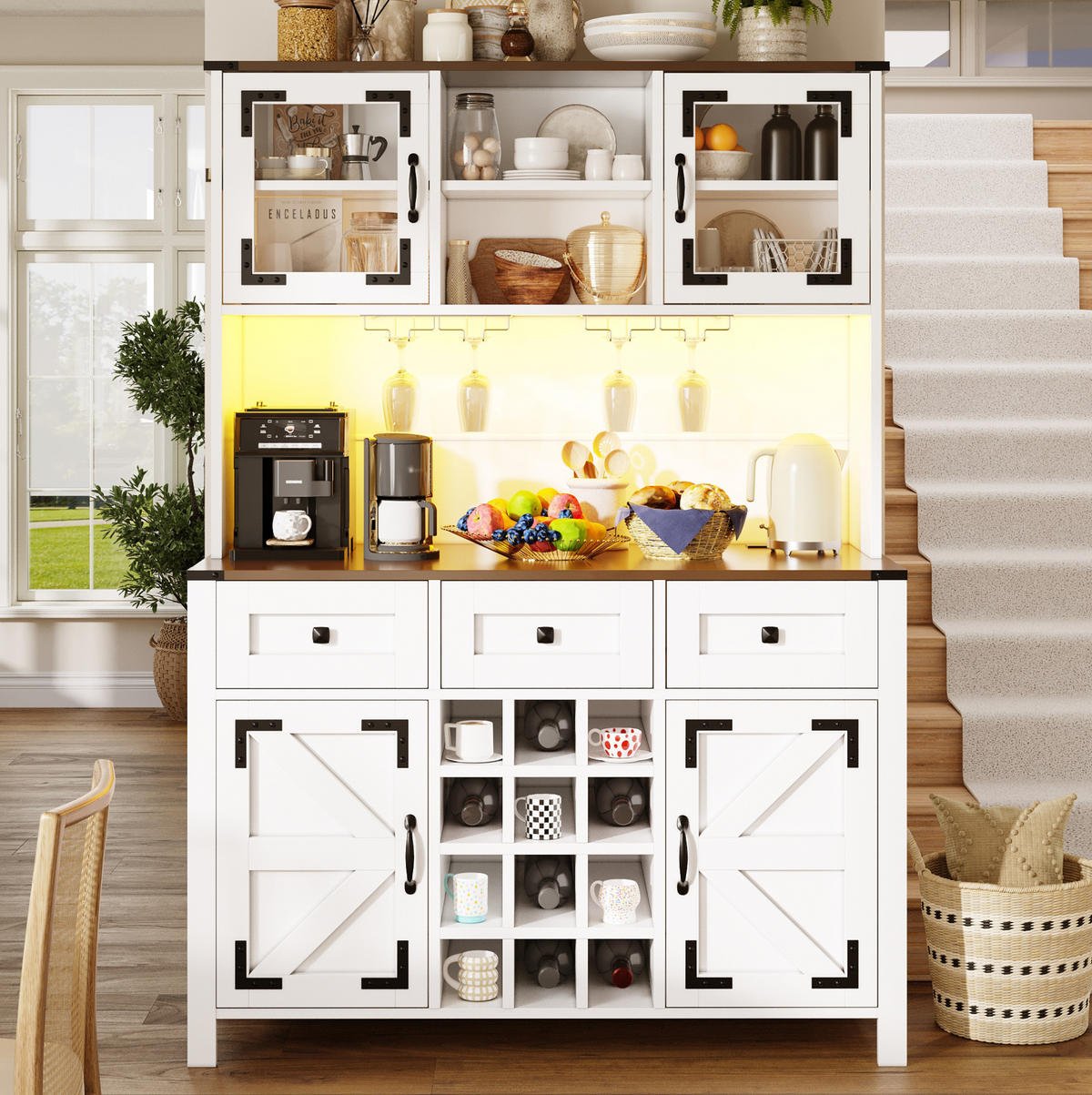 HOCHSCHRANK 120/40/170 cm mit LED-Beleuchtung, Steckdosenleiste, USB und Weinglashalter aus MDF und Glas, Weiß - Weiß, Holzwerkstoff (120/170/40cm) - Redom