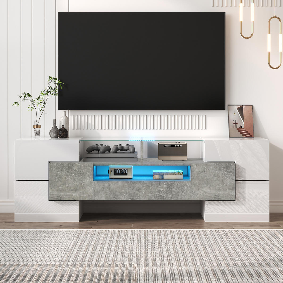 TV-SCHRANK in Hochglanz Weiß/Beton mit LED, 6 Türen und 2 Schubladen 145/30/51 cm - Weiß, Holzwerkstoff (145/51/30cm) - Redom