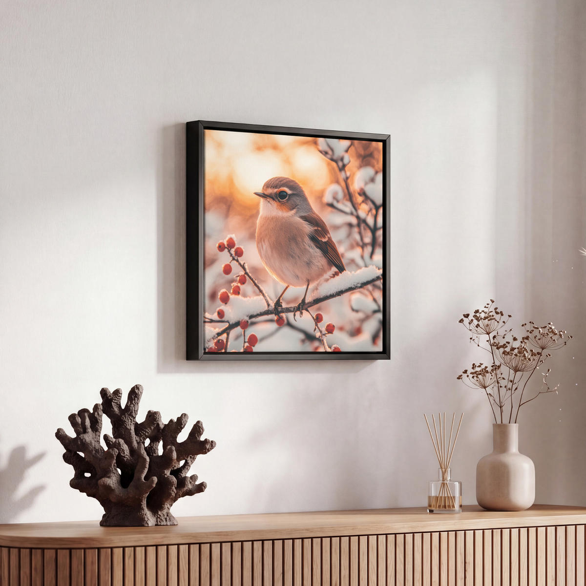 LEINWAND Bilder mit Rahmen - Vogel - Zweig - Winter - Tiere - Schnee - 20x20 - Bernsteinfarben, Textil (20/20cm) - MuchoWow