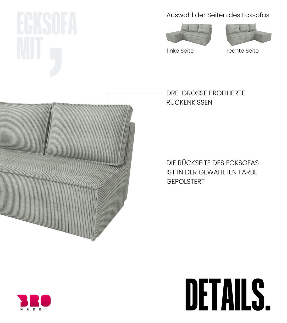 ECKSOFA Hector mit Schlaffunktion Grau Cord - Grau, Textil (200/141cm) - Bromarkt