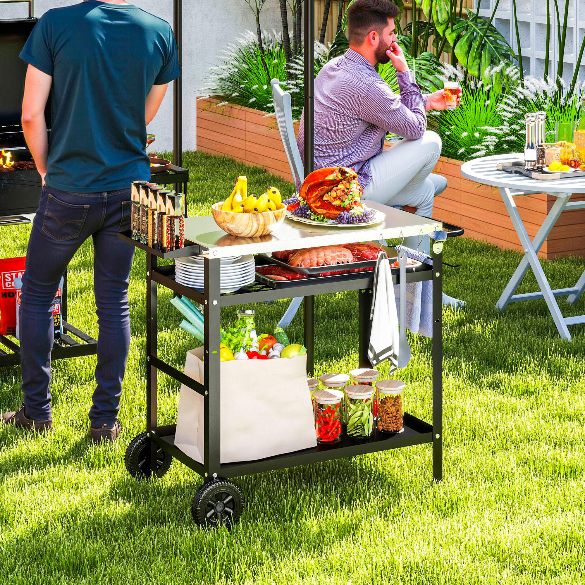 GRILLWAGEN 3-Etagen - Schwarz, Metall (52/80/100cm) - Outsunny