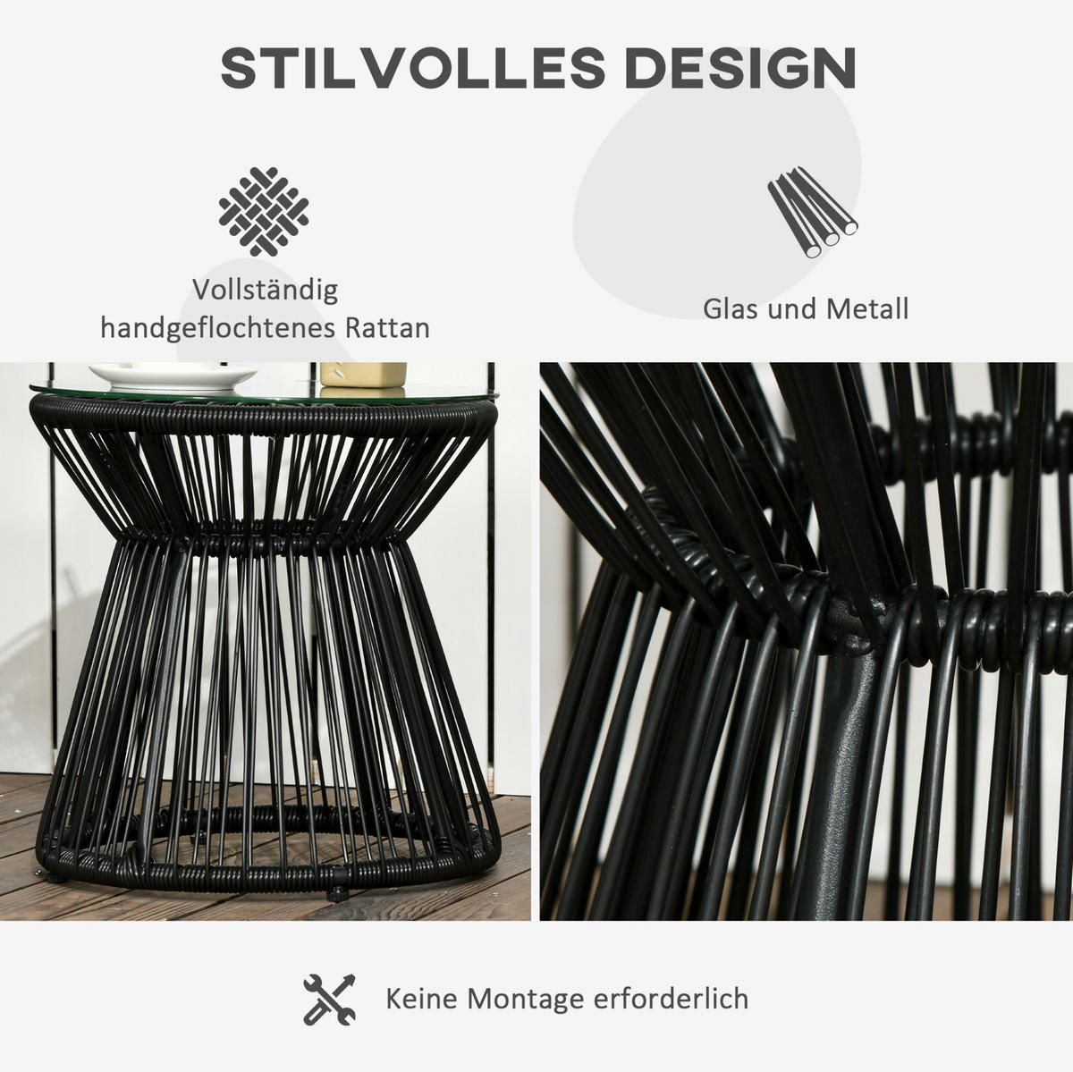 GARTENTISCH aus Rattan 40x40x42 cm Schwarz mit Glasplatte - Schwarz, Metall (40/40/42cm) - Modfu