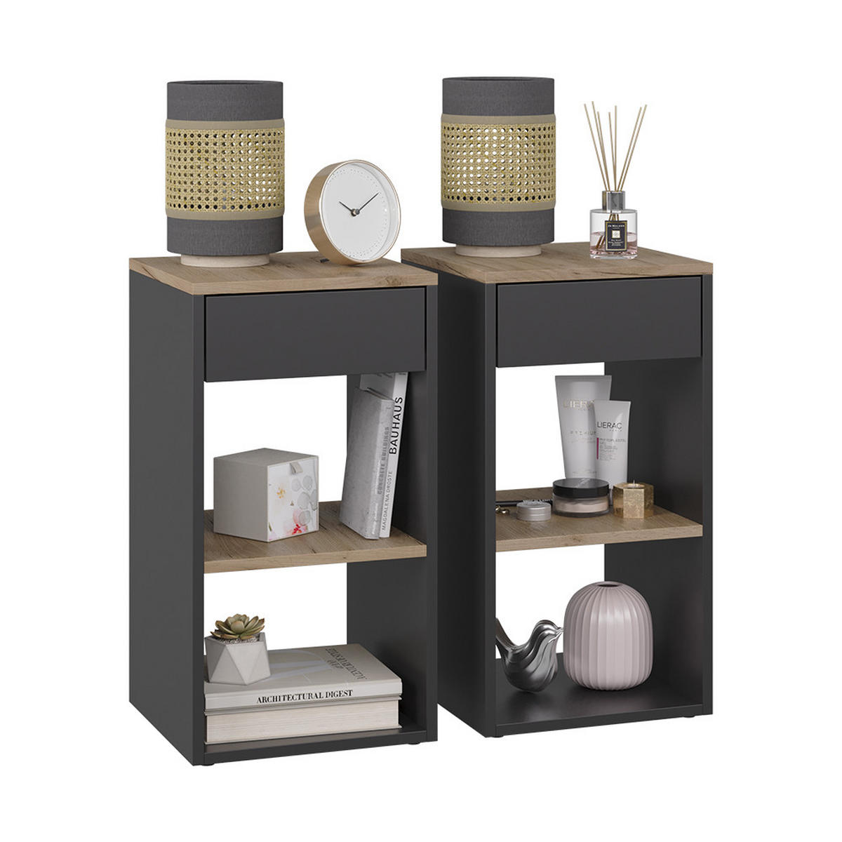 NACHTTISCH Dany Anthrazit 2er Set - Honigeiche/Anthrazit, Holzwerkstoff (35/65/35cm) - Vicco