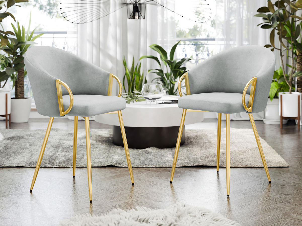 STUHL 2er-Set Muz DC-1171 (2 Stück in Samt) - Goldfarben/Grau, Textil/Metall (54/76/41cm) - MIRJAN24