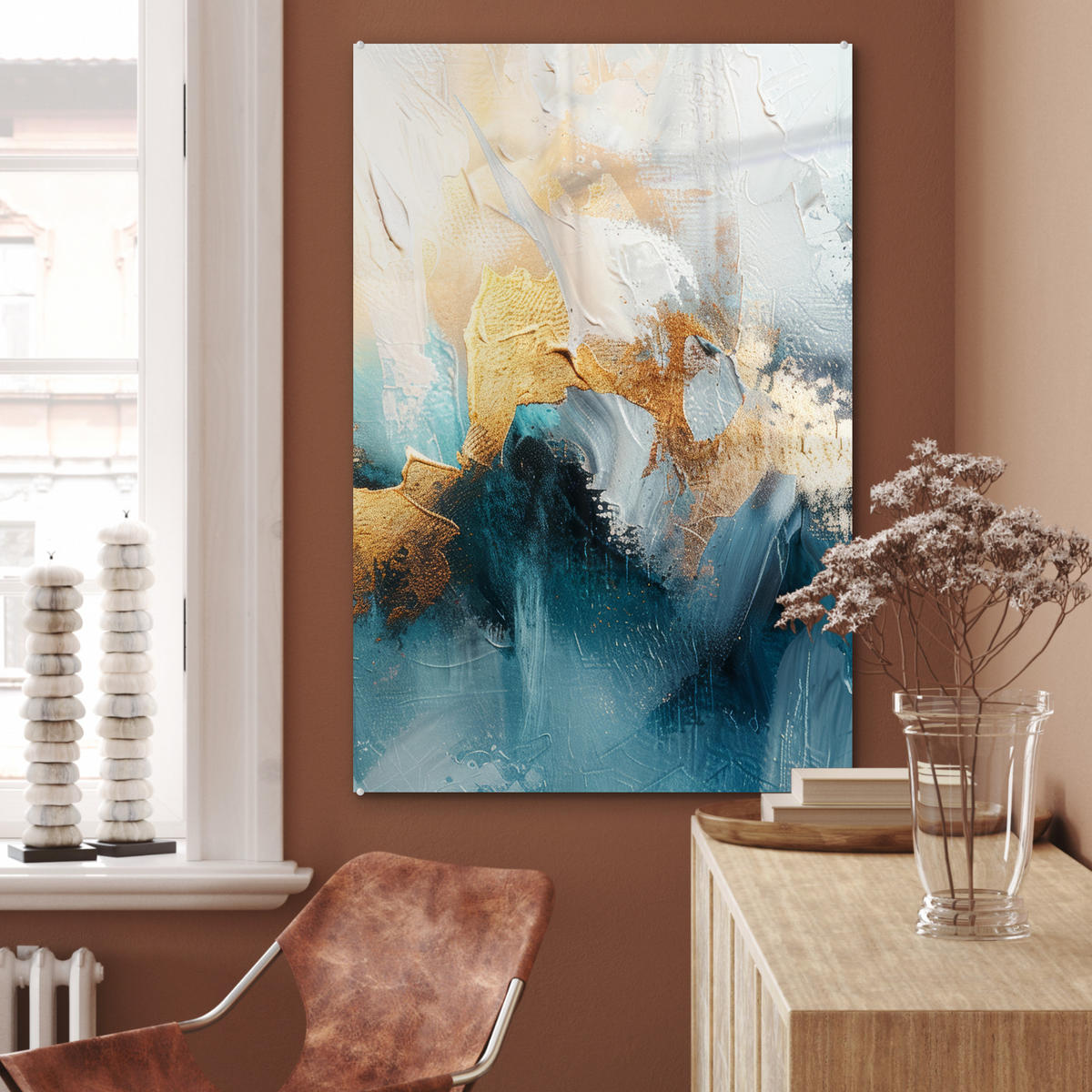 ACRYLGLASBILD Abstrakt - Kunst - Gold - Blau 60x90 cm - Petrol, Glas (60/90cm) - MuchoWow