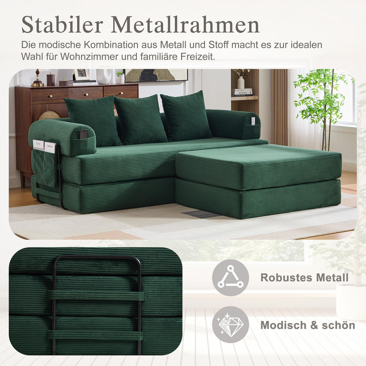 ECKSOFA Cord Smaragdgrün mit Hocker und Kissen - Smaragdgrün, Textil/Metall (218/285cm) - WISHDOR