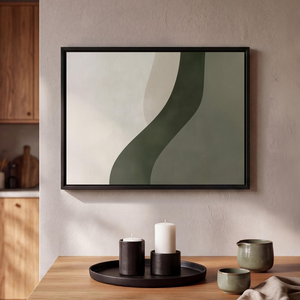 LEINWAND Bilder mit Rahmen - Japandi - Grün - Abstrakt - Modern - 40x30 - Salbeigrün, Textil (40/30cm) - MuchoWow