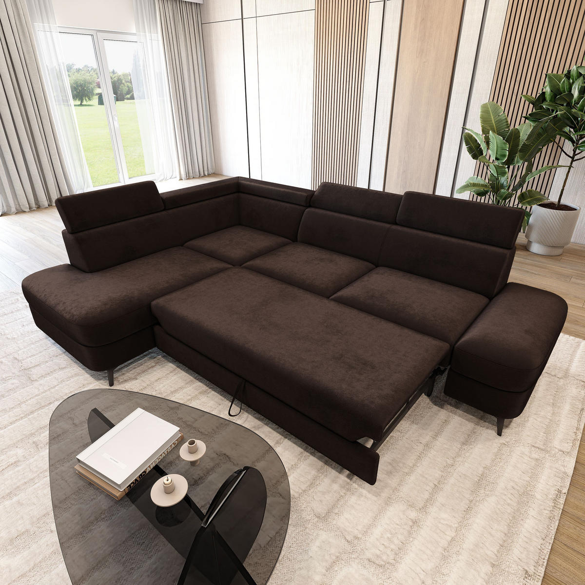 ECKSOFA AVISE M L-S Braun Velours-Stoff mit Schlaffunktion - Braun, Holzwerkstoff/Textil (268/195cm) - MASSENO