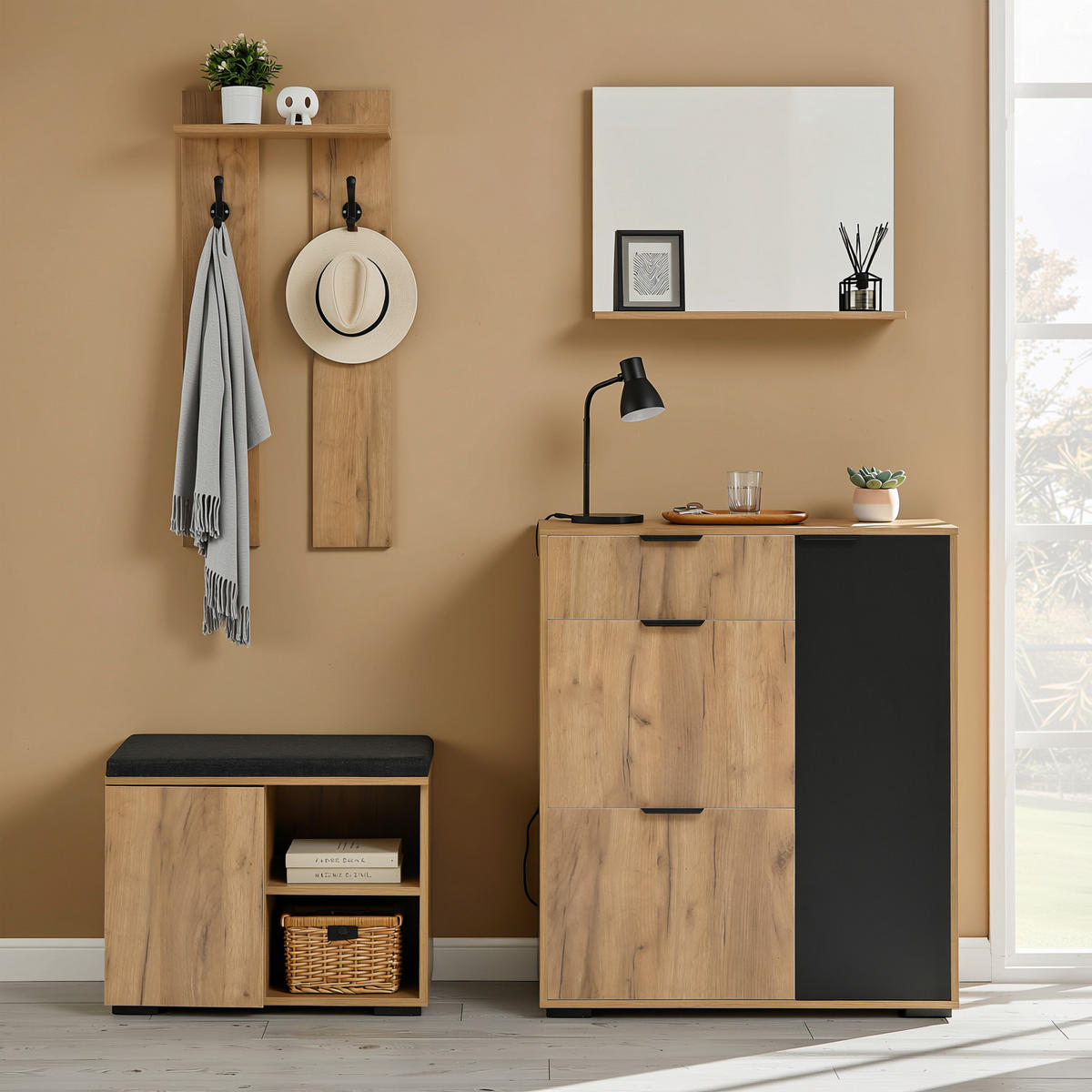 GARDEROBEN-SET 140 cm Natur & Schwarz – Flurmöbel mit Spiegel, Schuhbank & 4 Türen Modern - Naturfarben, Holzwerkstoff (140/139/35cm) - Urban Meuble