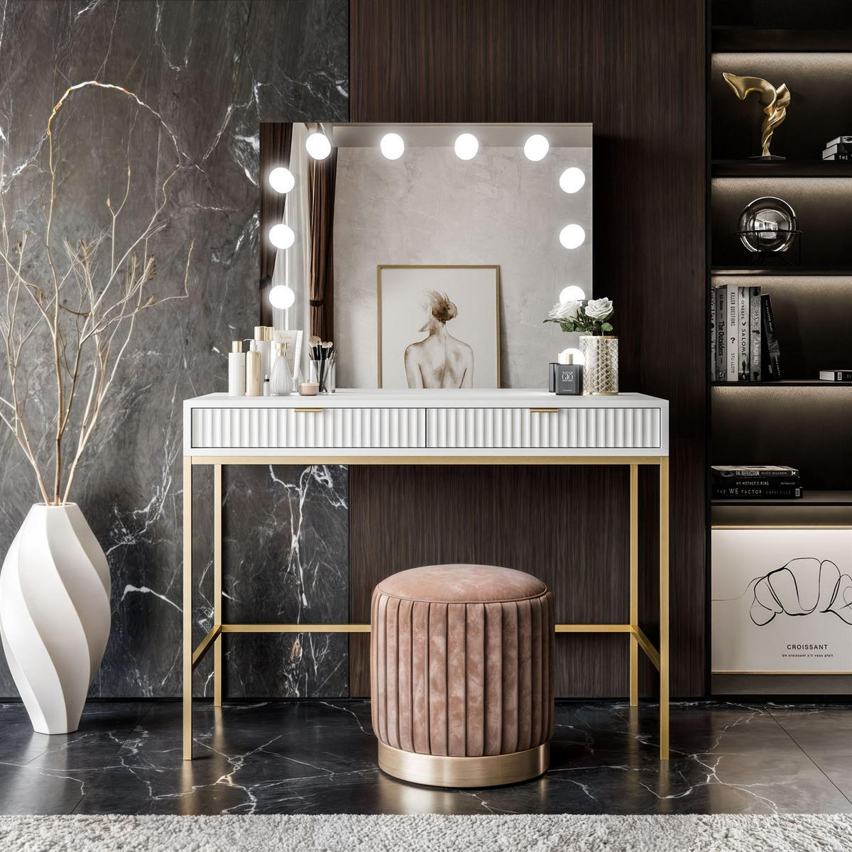 SCHMINKTISCH MIT SPIEGEL CORTADO ELITE GOLD WEISS - Weiß, Holzwerkstoff (104/78/50cm) - Lookway
