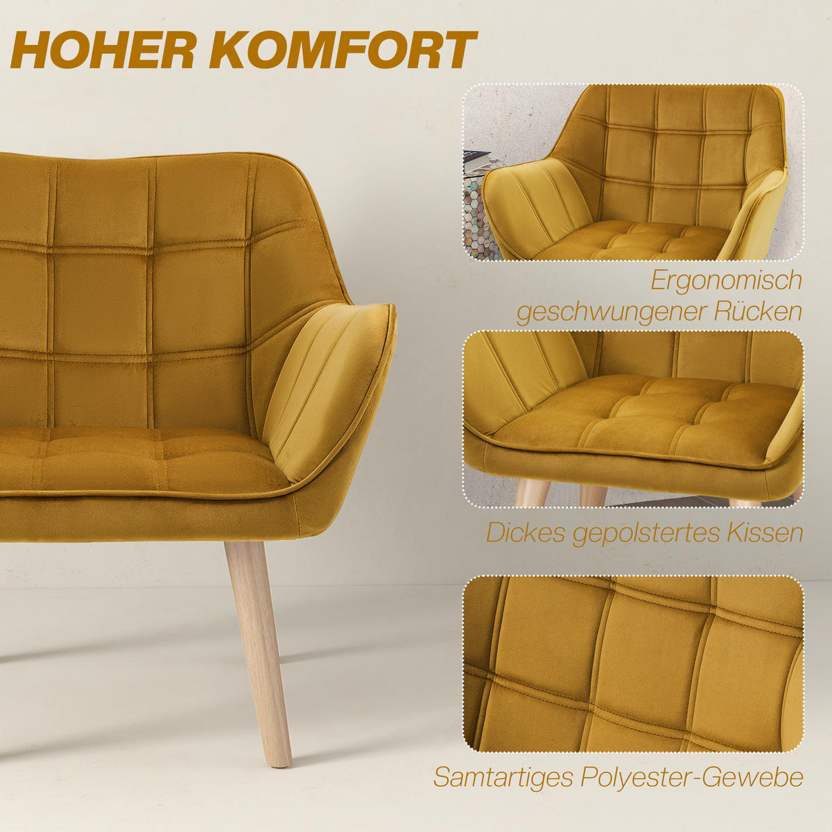 POLSTERSESSEL, Skandi Design, bis 120 kg, Kautschukholzbeine - Currygelb/Gelb, Textil (61.5/71/67cm) - HOMCOM