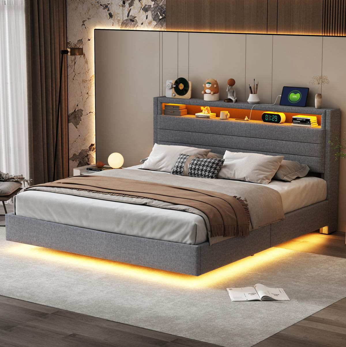 ČALÚNENÁ posteľ z látky 160x200 cm sivá s USB, LED osvetlením, hydraulickým úložným priestorom a otočným čelom - sivá, textil (160/200cm) - Modfu