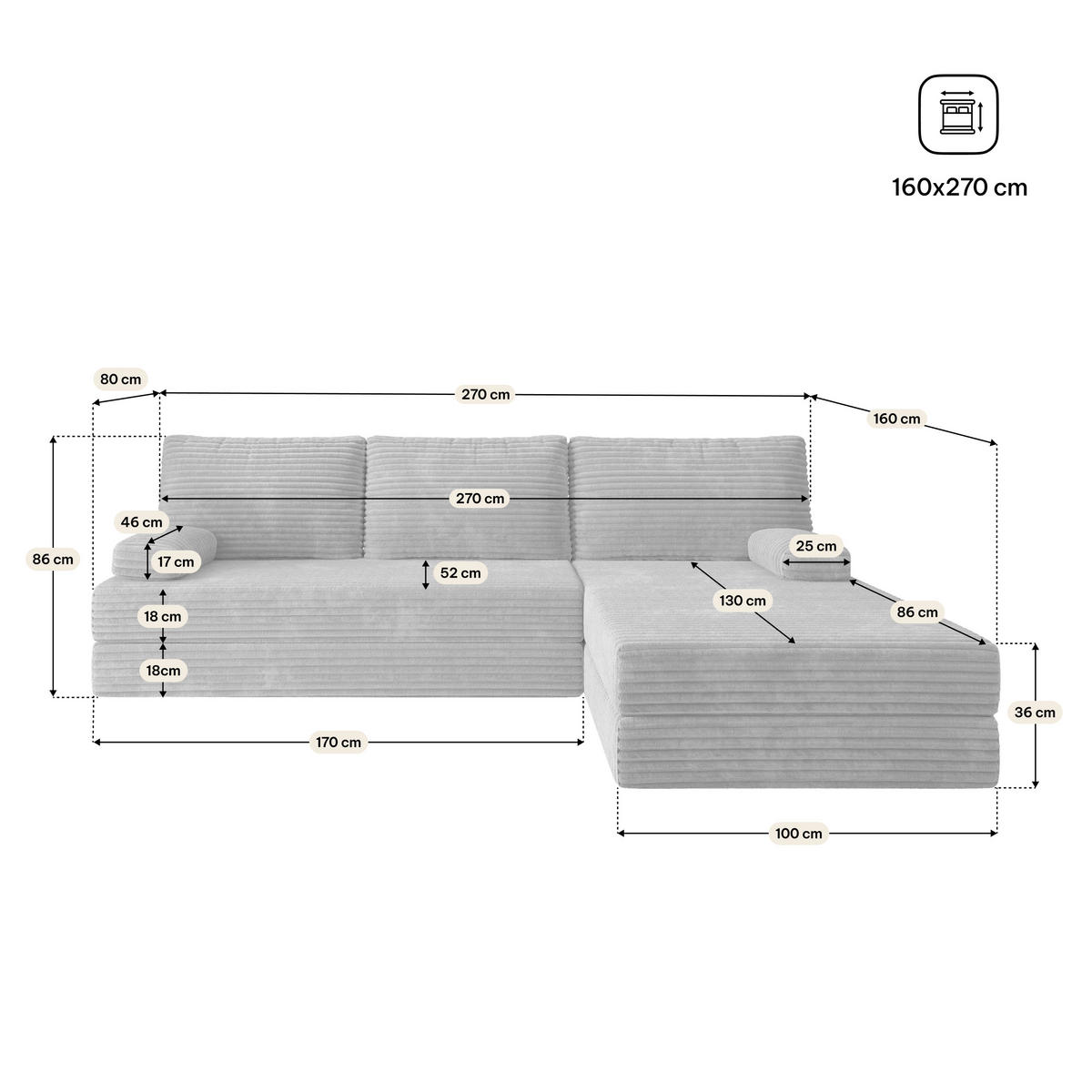 ECKSOFA ANKO modulares Boneless Sofa mit Schlaffunktion Hellgrau Kordstoff - Grau, Textil (270/160cm) - MASSENO