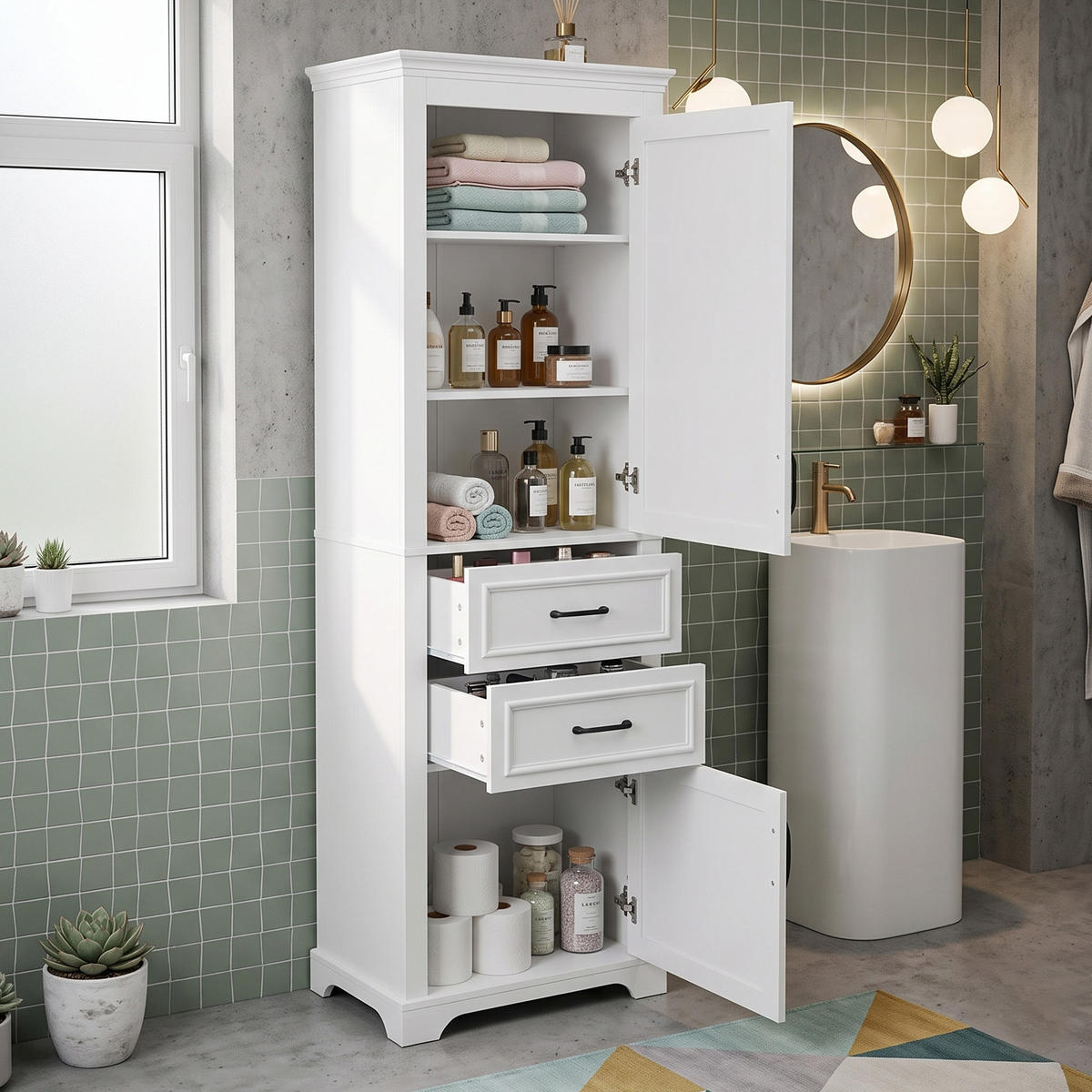 KOUPELNOVÁ SKŘÍŇKA Vysoká, bílá, se 2 zásuvkami - bílá, kompozitní dřevo (60/180/40cm) - Urban Meuble