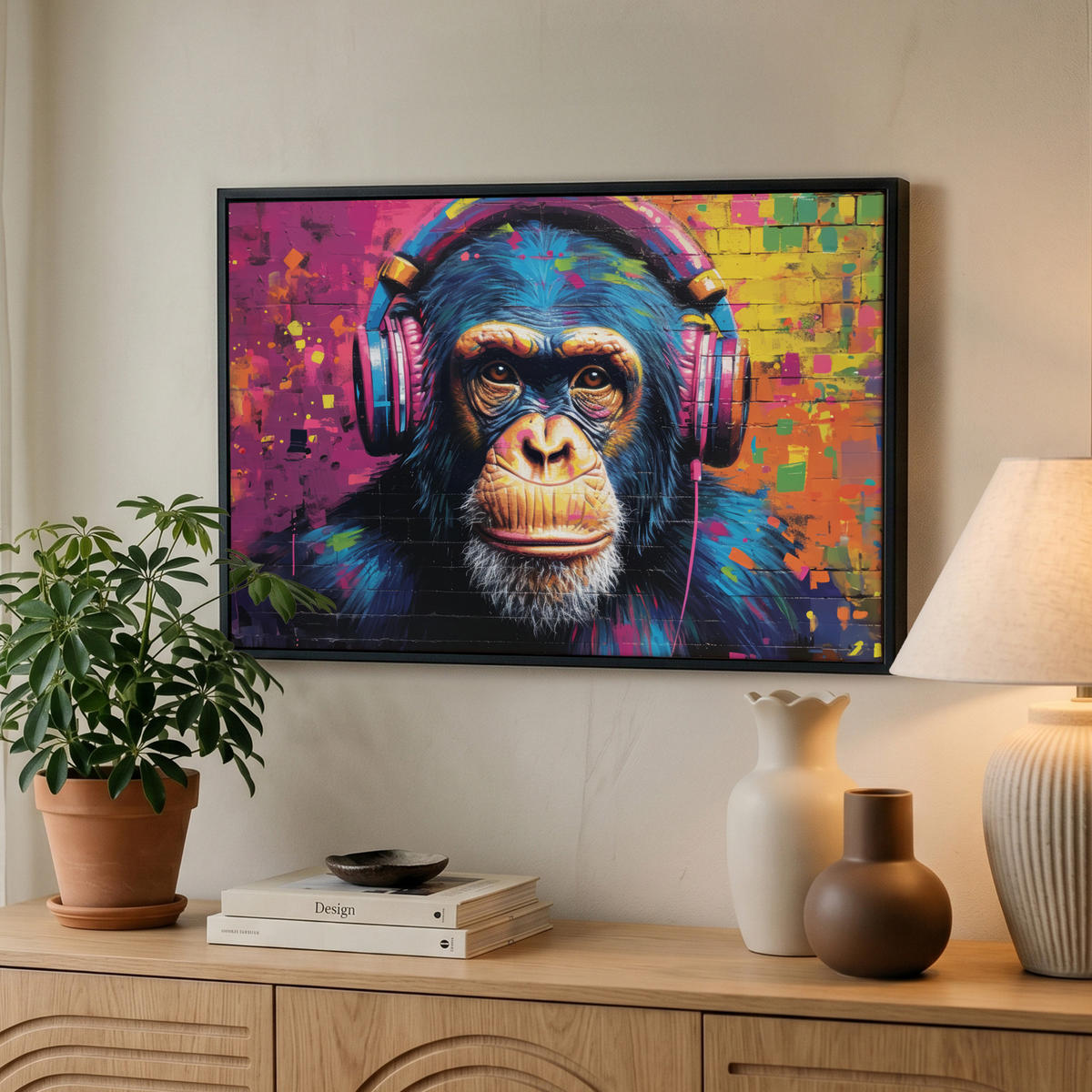 LEINWAND Bilder mit Rahmen - Graffiti - Schimpanse - Straßenkunst - Kopfhörer - Affe - 60x40 - Blau, Textil (60/40cm) - MuchoWow