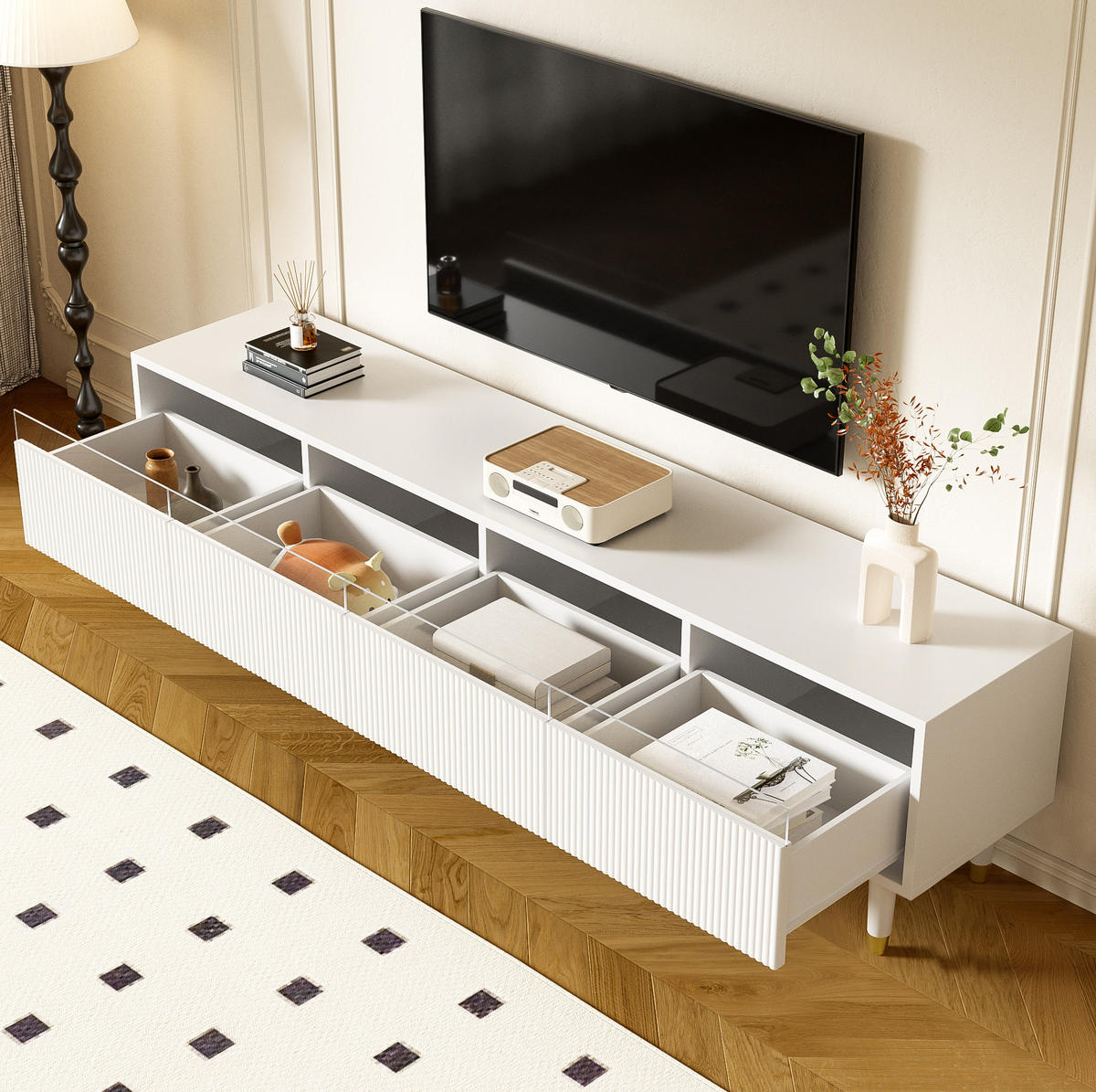 TV-LOWBOARD 178/35/45 cm mit 4 Schubladen und Kabeldurchlass in Weiß - Weiß, Holzwerkstoff (178/45/35cm) - BEAOK