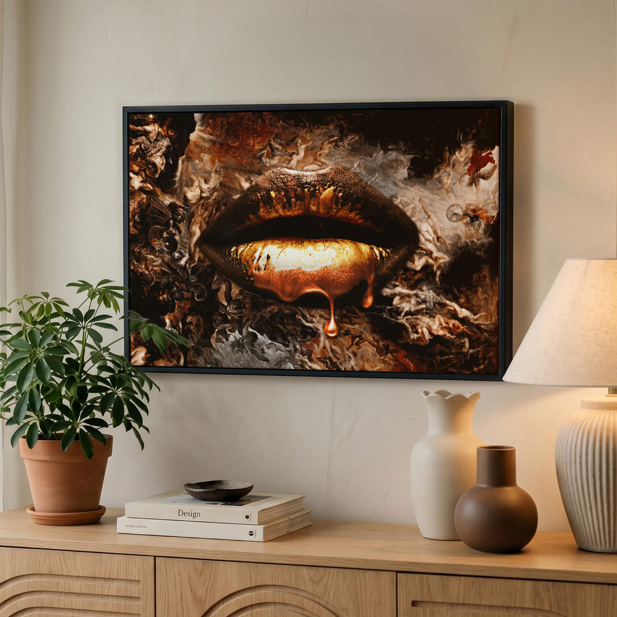 LEINWAND Bilder mit Rahmen - Gold - Lippen - Kunst - Gold - Luxus - Abstrakt - 60x40 - Kupferfarben, Textil (60/40cm) - MuchoWow