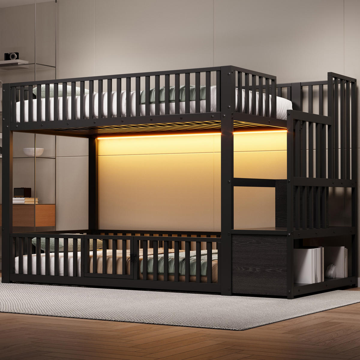 ETAGENBETT 90/200 cm & 90/200 cm in Schwarz mit Stauraumleiter, LED und Schutzgitter - Schwarz, Holzwerkstoff/Metall (90/200cm) - STILVORA