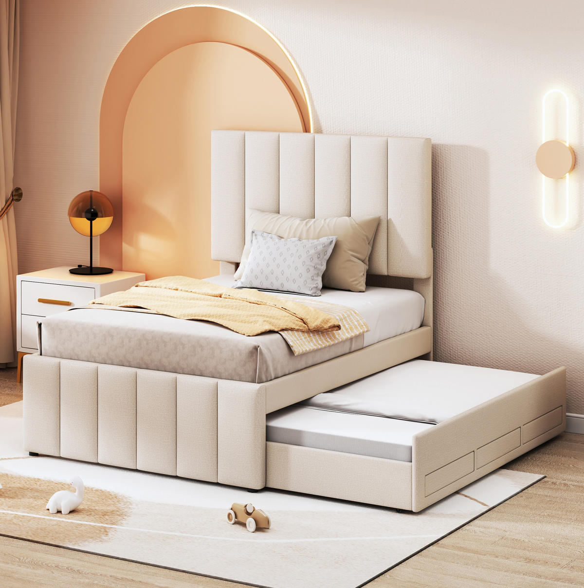 POLSTERBETT 90/200 cm mit Ausziehbett und 3 Schubladen, höhenverstellbarem Kopfteil und Leinenbezug, Beige - Beige, Textil (90/200cm) - Redom