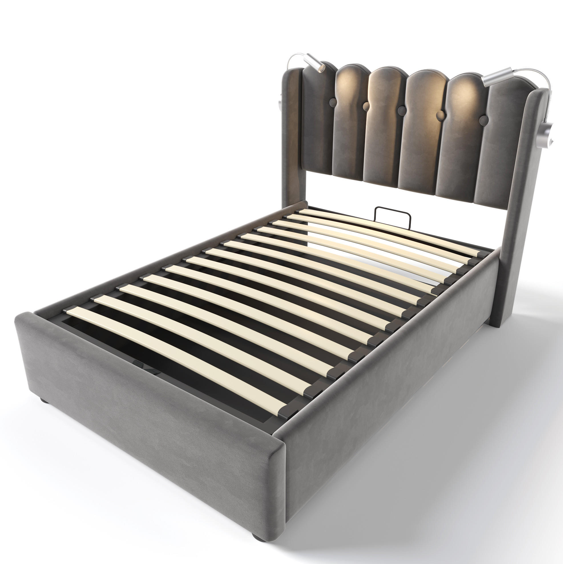 POLSTERBETT aus Samt 90x200 cm Grau mit Bettkasten, Leselicht und USB-Anschluss - Grau, Textil (90/200cm) - IVMEU