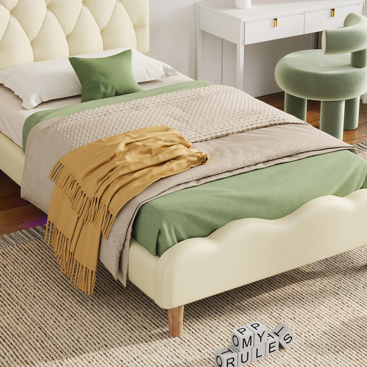 POLSTERBETT 90/200 cm Beige mit Wellenförmigem Kopfteil und LED-Beleuchtung - Beige, Kunststoff (90/200cm) - OKWISH