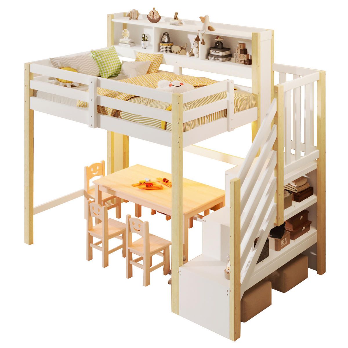 HOCHBETT 90/200 cm mit LED-Beleuchtung, Stauraumtreppe und offenem Staufach, Weiß/Natur - Weiß, Holz (90/200cm) - Redom