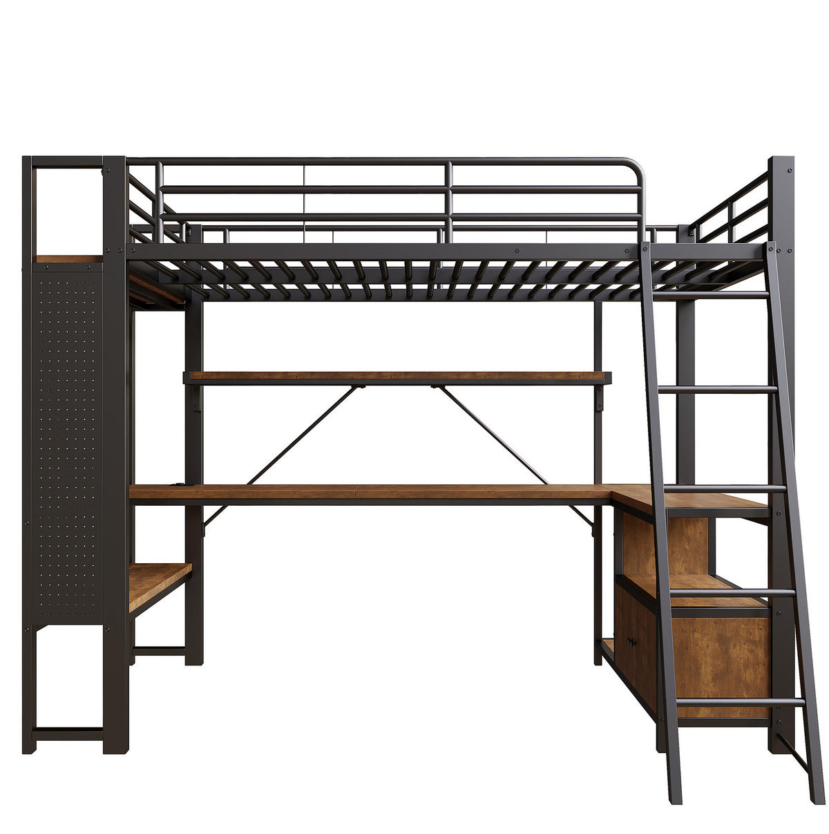 HOCHBETT mit Schreibtisch 90/200 cm in Schwarz – mit LED, USB und Stauraum - Schwarz, Metall (90/200cm) - BEAOK