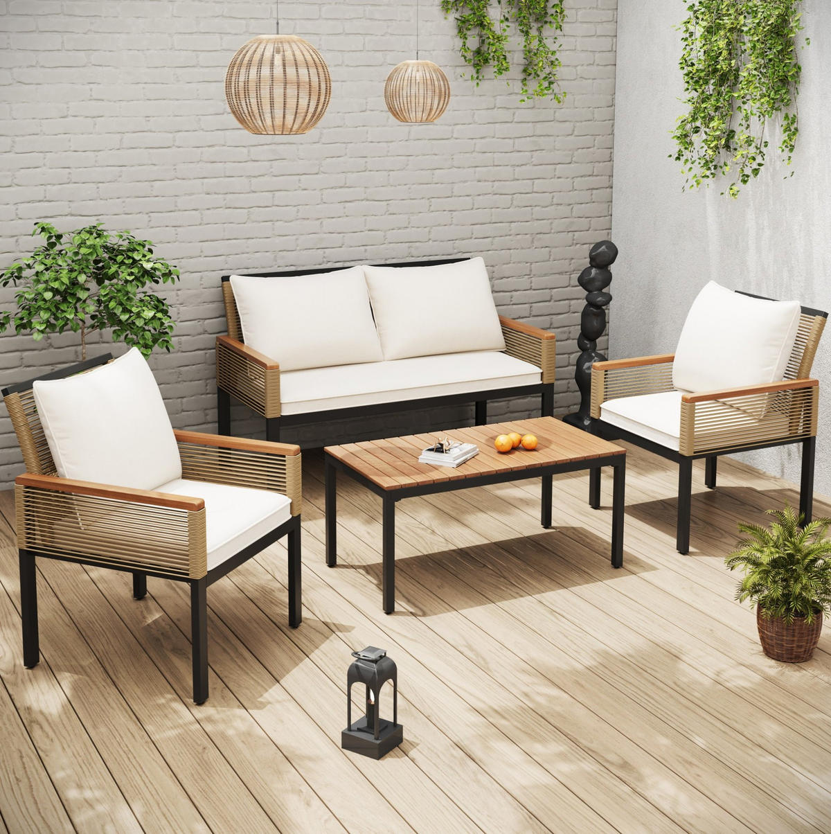 GARTENLOUNGE-SET mit 2 Sesseln, Doppelsofa und Tisch aus Polyrattan mit Akazienholz, Beige - Beige, Metall - Redom