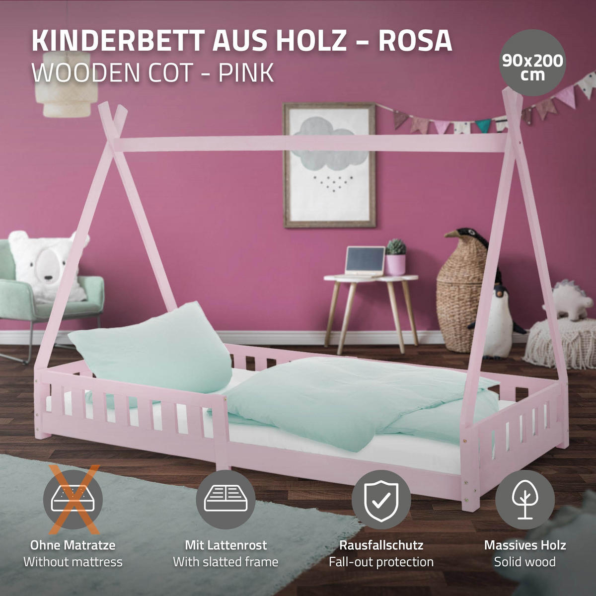 KINDERBETT Tipi 90x200 cm Rosa - Pink, Holz (90/200cm) - ML-DESIGN