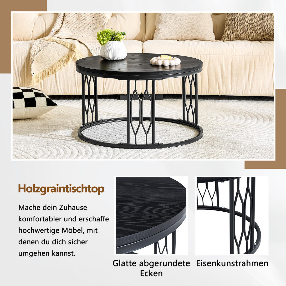 COUCHTISCH DE-37365 rund mit Holzoptik Schwarz - Schwarz, Metall (70/70/40.5cm) - ComfortXL