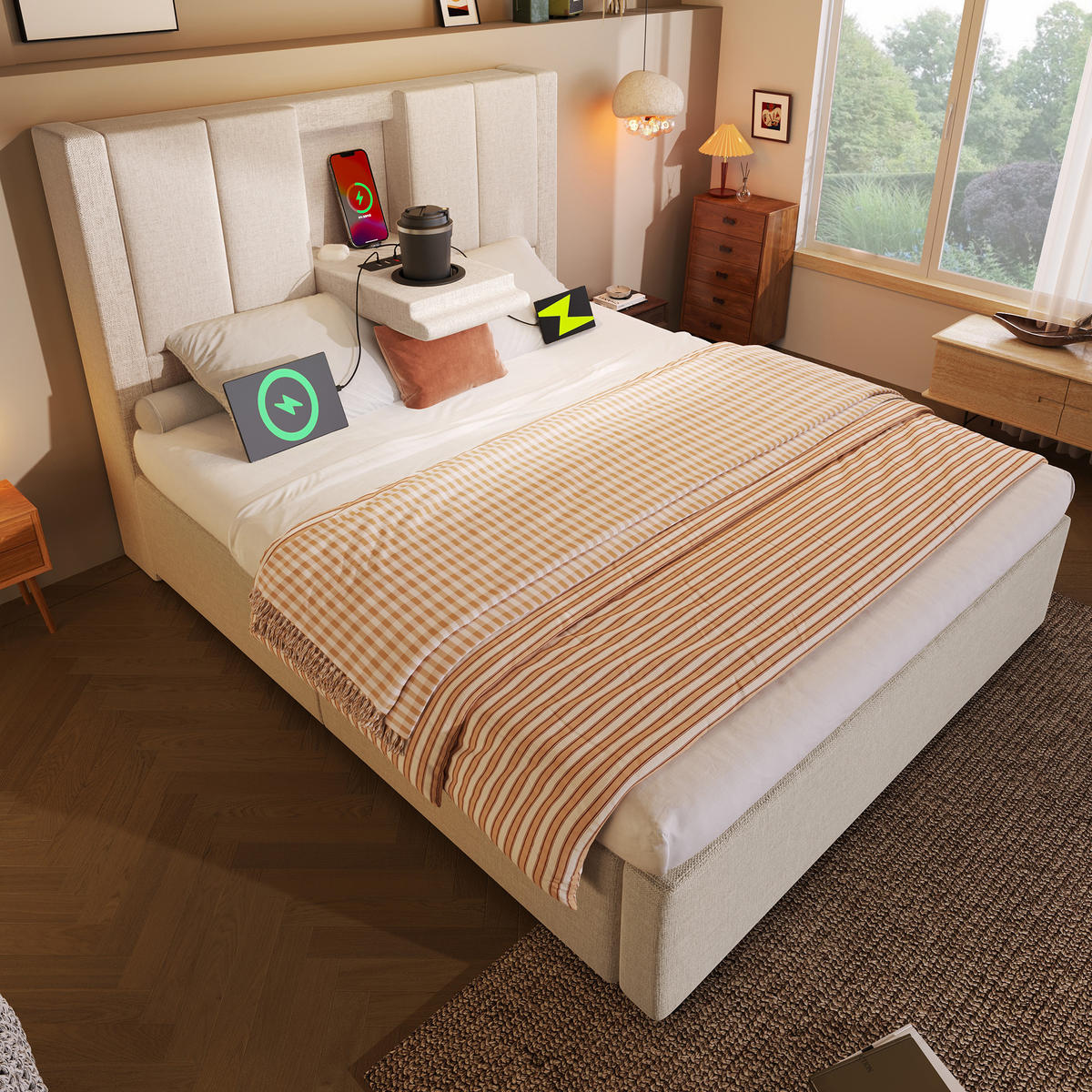 POLSTERBETT 90/200 cm mit Ladestation, verstecktem Becherhalter und hydraulischem Stauraum, Leinen und Matratze, Beige - Beige, Textil (90/200cm) - Redom