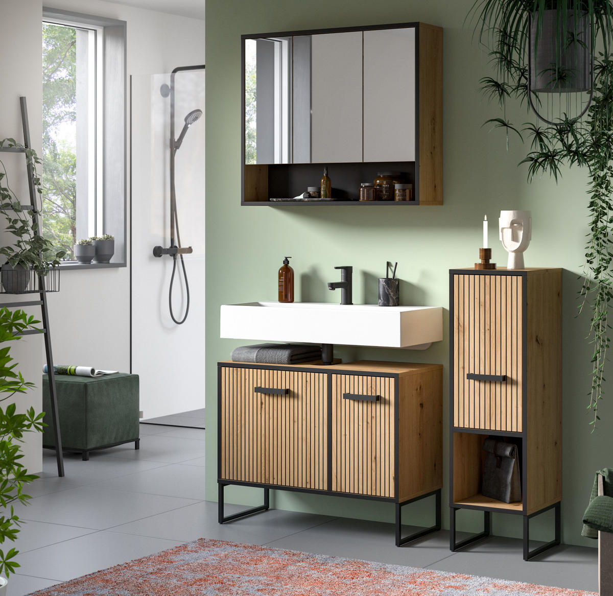 BADMÖBEL-SET 3-teilig Eiche Artisan, schwarz 125 cm, Badkombination mit Soft-Close - Schwarz/Eiche Artisan, Glas/Holzwerkstoff (125/192/36cm) - Inn.Furn