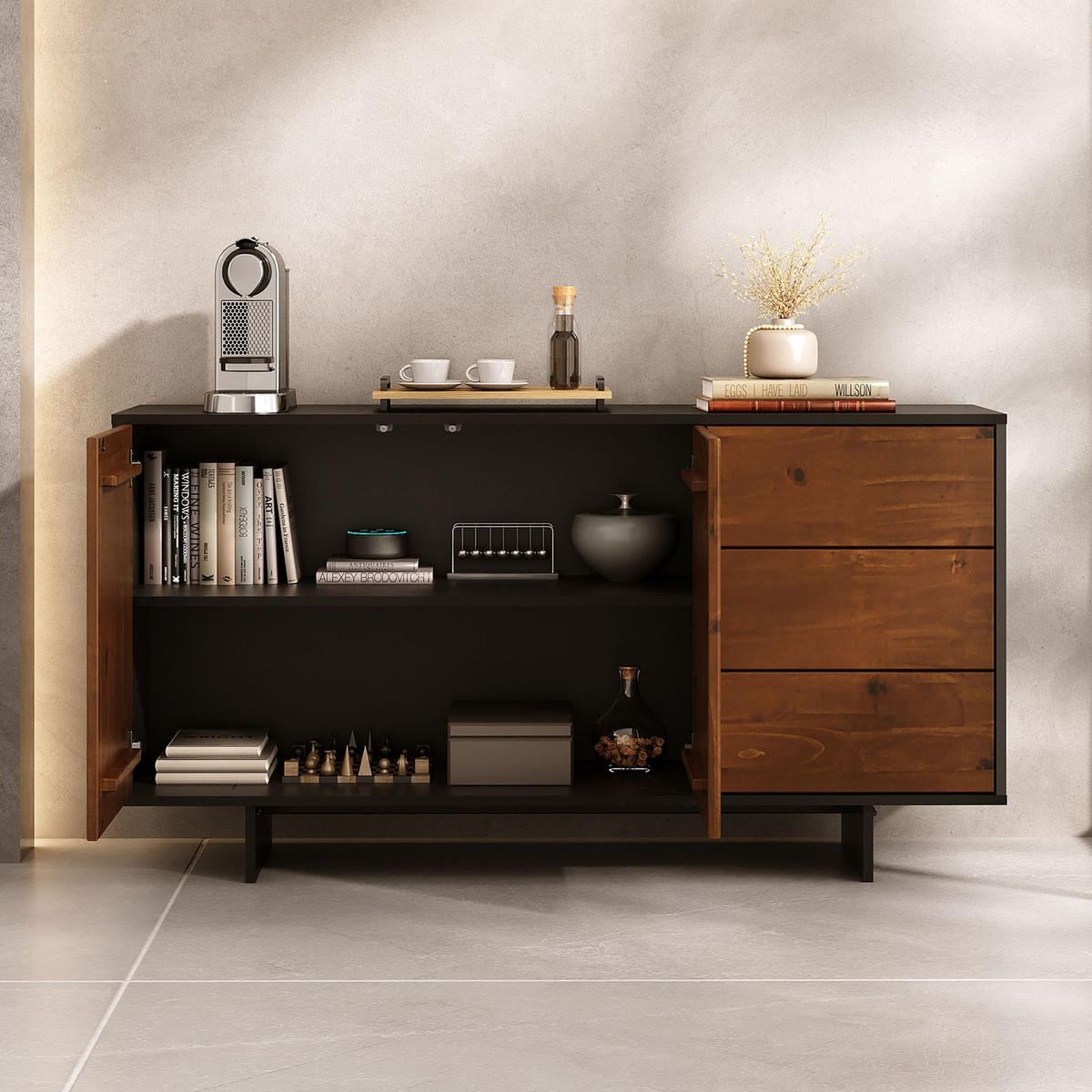 SIDEBOARD ARTO schwarz/Kastanie - Kastanienfarben/Schwarz, Holz (135/71/41cm) - IDIMEX