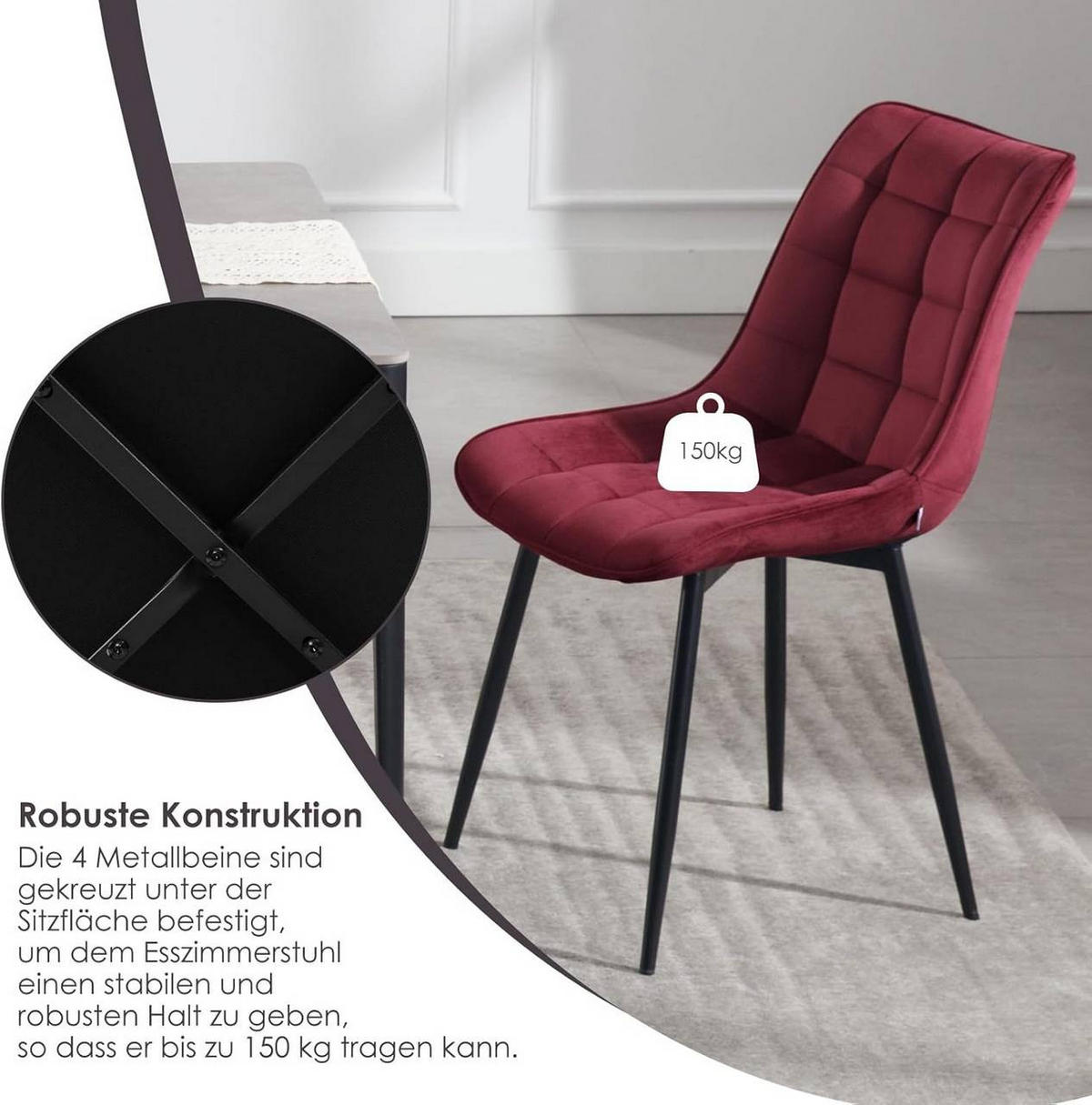 ESSZIMMERSTUHL 2er Set, Samt, Metallbeine, Bordeaux - Bordeaux/Schwarz, Textil/Metall (46/85.5/40.5cm) - Woltu